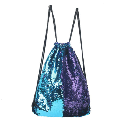 Mermaid Glittering Sequin Drawstring Sports Backpack Shoulder Bag(Blue Purple)-garmade.com