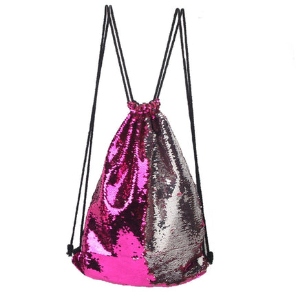 Mermaid Glittering Sequin Drawstring Sports Backpack Shoulder Bag(Magenta Silver)-garmade.com