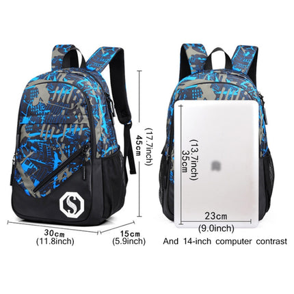 Multi-Function Large Capacity Oxford Cloth Blue Grid Backpack Casual Laptop Computer Bag with External USB Charging Interface & Shoulder Bag & Pen Bag for Men / Women / Student, Size: 45*30*15cm-garmade.com