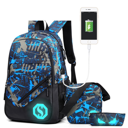 Multi-Function Large Capacity Oxford Cloth Blue and Grey Graffiti Backpack Casual Laptop Computer Bag with External USB Charging Interface & Shoulder Bag & Pen Bag for Men / Women / Student, Size: 45*30*15cm-garmade.com