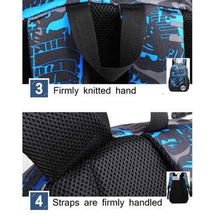 Multi-Function Large Capacity Oxford Cloth Blue and Grey Graffiti Backpack Casual Laptop Computer Bag with External USB Charging Interface & Shoulder Bag & Pen Bag for Men / Women / Student, Size: 45*30*15cm-garmade.com