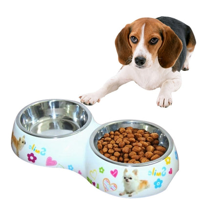 Stainless Steel Waterproof Detachable Double Bowls Printing Cartoon Pattern Cats and Dogs Pet Bowls, Size: L, 30.5*16*5.5 cm-garmade.com