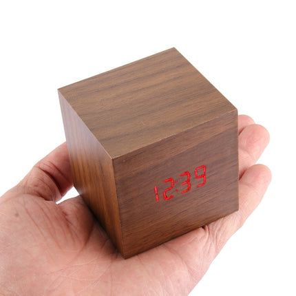 Wood Clock Desk Table LED Digital Display Alarm Clock with Time & Date & Temperature Display(Brown)-garmade.com