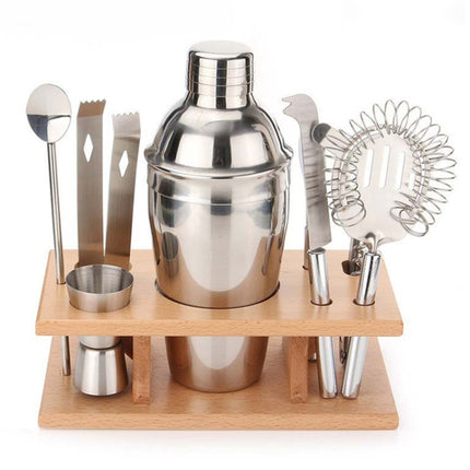 9 in 1 Stainless Steel Cocktail Shaker Tools Set with Wooden Mount, Capacity: 750ml-garmade.com