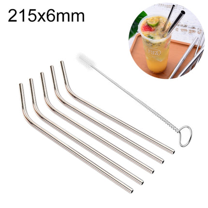 5 PCS Reusable Stainless Steel Bent Drinking Straw + Cleaner Brush Set Kit, 215*6mm(Silver)-garmade.com