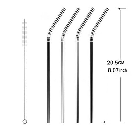 5 PCS Reusable Stainless Steel Bent Drinking Straw + Cleaner Brush Set Kit, 215*6mm(Silver)-garmade.com