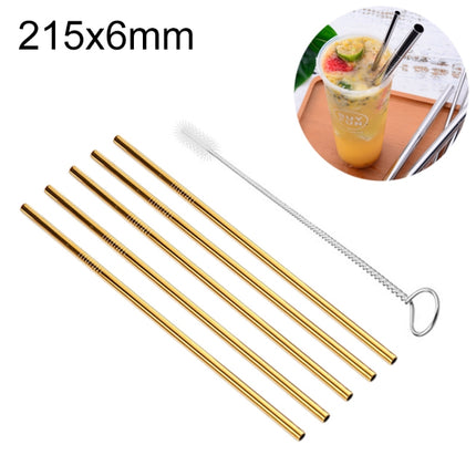 5 PCS Reusable Stainless Steel Straight Drinking Straw + Cleaner Brush Set Kit, 215*6mm(Gold)-garmade.com