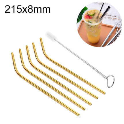 5 PCS Reusable Stainless Steel Bent Drinking Straw + Cleaner Brush Set Kit, 215*8mm(Gold)-garmade.com