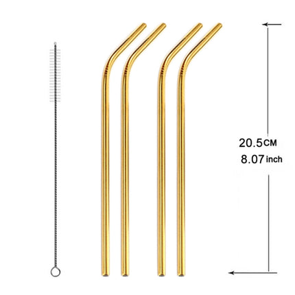 5 PCS Reusable Stainless Steel Bent Drinking Straw + Cleaner Brush Set Kit, 215*8mm(Gold)-garmade.com