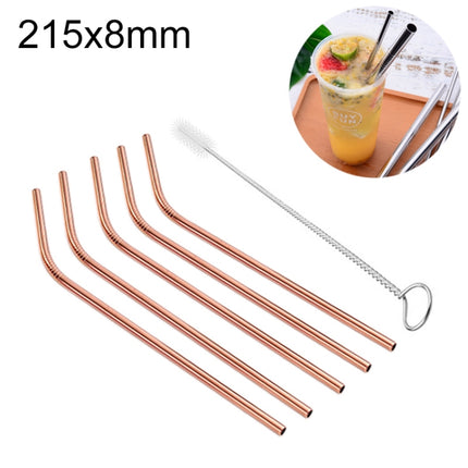 5 PCS Reusable Stainless Steel Bent Drinking Straw + Cleaner Brush Set Kit, 215*8mm(Rose Gold)-garmade.com