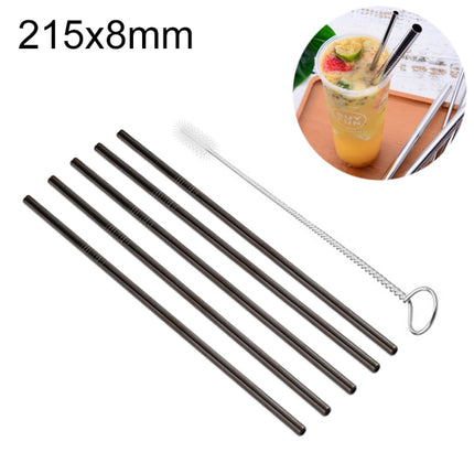 5 PCS Reusable Stainless Steel Straight Drinking Straw + Cleaner Brush Set Kit, 215*8mm(Black)-garmade.com