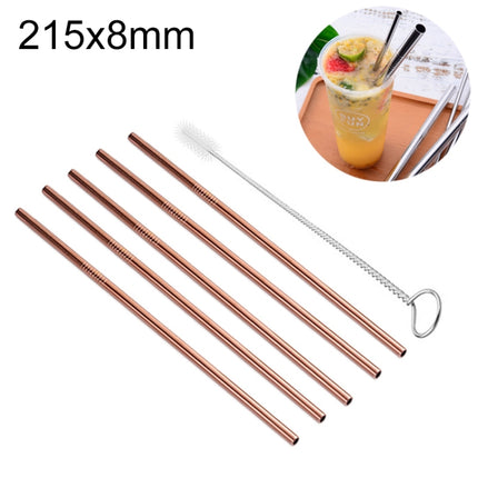 5 PCS Reusable Stainless Steel Straight Drinking Straw + Cleaner Brush Set Kit, 215*8mm(Rose Gold)-garmade.com