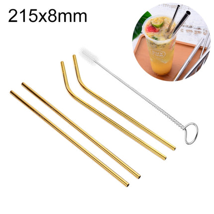 4 PCS Reusable Stainless Steel Drinking Straw + Cleaner Brush Set Kit, 215*8mm(Gold)-garmade.com