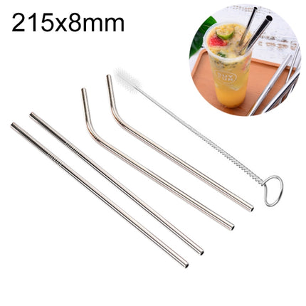 4 PCS Reusable Stainless Steel Drinking Straw + Cleaner Brush Set Kit, 215*8mm(Silver)-garmade.com