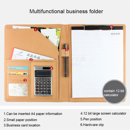 Office Supplies Business Style Leather Document Folder with 30-pages A4 Note Pad & Calculator (Black)-garmade.com