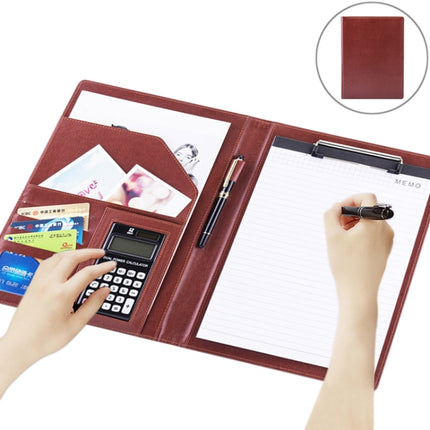 Office Supplies Business Style Leather Document Folder with 30-pages A4 Note Pad & Calculator (Light Brown)-garmade.com