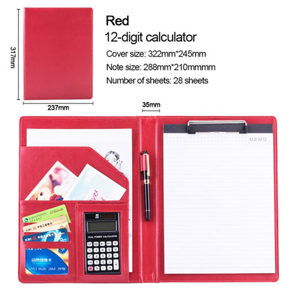 Office Supplies Business Style Leather Document Folder with 30-pages A4 Note Pad & Calculator (Red)-garmade.com