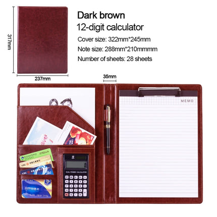 Office Supplies Business Style Leather Document Folder with 30-pages A4 Note Pad & Calculator (Dark Brown)-garmade.com
