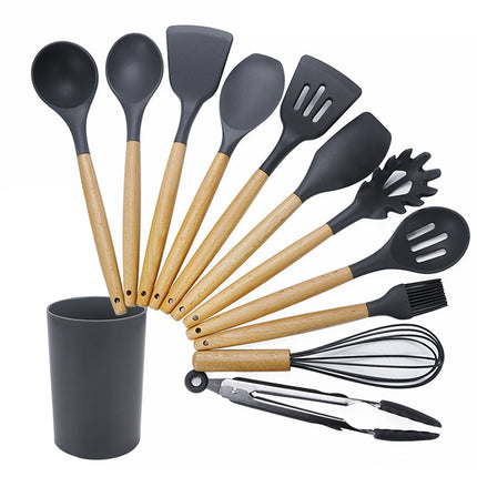 kn020 11 in 1 Wooden Handle Silicone Non-stick Spatula Spoon Kitchen Tool + Bucket Set-garmade.com