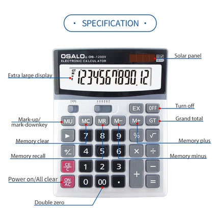 OSALO OS-1200V 12 Digits Desktop Calculator Solar Energy Dual Power Calculator-garmade.com