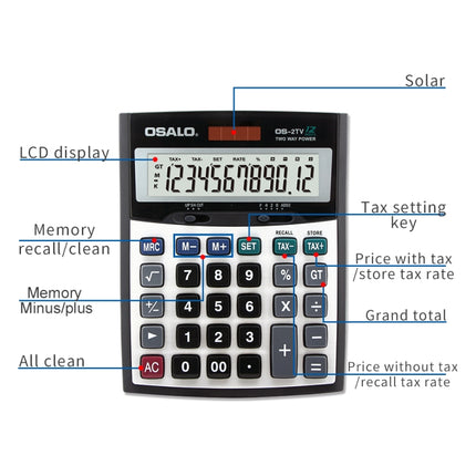 OSALO OS-2TV 12 Digits Desktop Tax Rate Calculator Solar Energy Dual Power Calculator-garmade.com