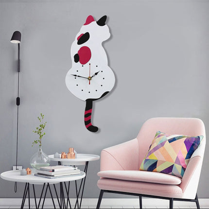 42x18cm Home Office Bedroom Decoration Battery Operated Cat Shaped Wall Clock with Swinging Tails(White)-garmade.com