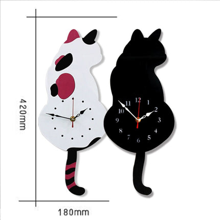 42x18cm Home Office Bedroom Decoration Battery Operated Cat Shaped Wall Clock with Swinging Tails(Black)-garmade.com