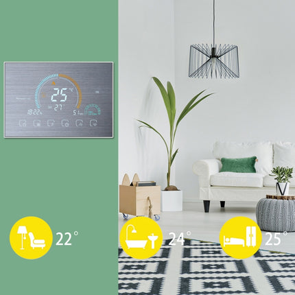 BHT-8000-GCLW-SS Brushed Stainless Steel Mirror Controlling Water/Gas Boiler Heating Energy-saving and Environmentally-friendly Smart Home Negative Display LCD Screen Round Room Thermostat with WiFi-garmade.com