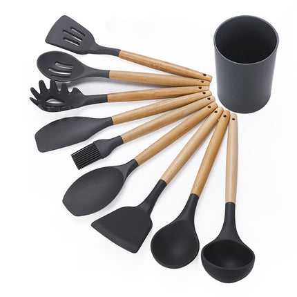kn082 9 in 1 Wooden Handle Silicone Kitchen Tool Set with Storage Bucket(Black)-garmade.com