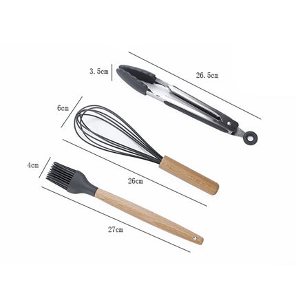 kn082 9 in 1 Wooden Handle Silicone Kitchen Tool Set with Storage Bucket(Black)-garmade.com