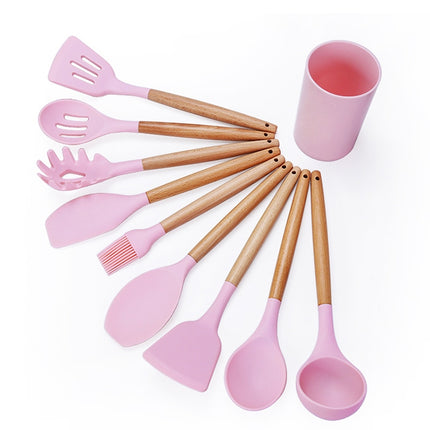 kn082 9 in 1 Wooden Handle Silicone Kitchen Tool Set with Storage Bucket(Pink)-garmade.com