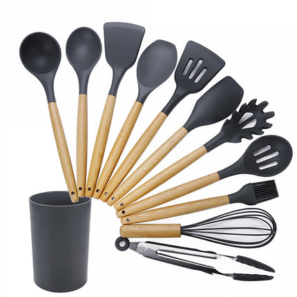 kn082 11 in 1 Wooden Handle Silicone Kitchen Tool Set with Storage Bucket(Black)-garmade.com