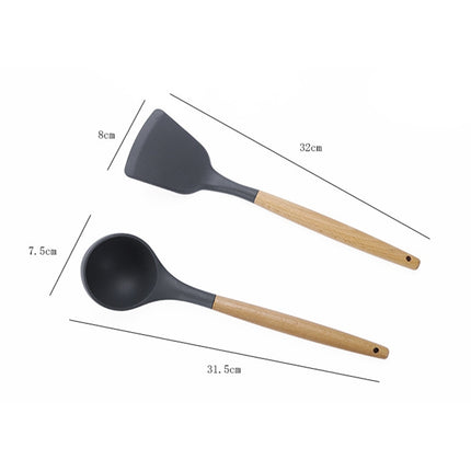 kn082 11 in 1 Wooden Handle Silicone Kitchen Tool Set with Storage Bucket(Black)-garmade.com