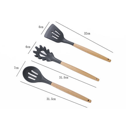 kn082 11 in 1 Wooden Handle Silicone Kitchen Tool Set with Storage Bucket(Black)-garmade.com