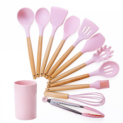 kn082 11 in 1 Wooden Handle Silicone Kitchen Tool Set with Storage Bucket(Pink)-garmade.com