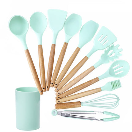 kn082 11 in 1 Wooden Handle Silicone Kitchen Tool Set with Storage Bucket(Green)-garmade.com