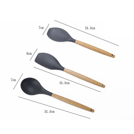 kn082 11 in 1 Wooden Handle Silicone Kitchen Tool Set with Storage Bucket(Green)-garmade.com
