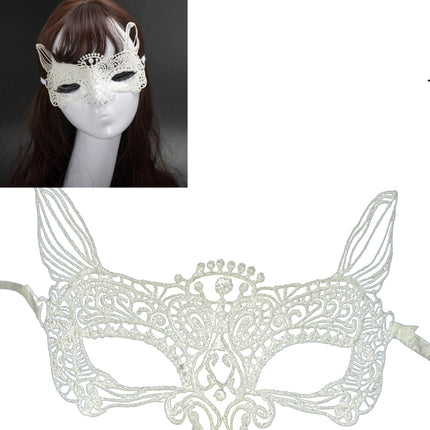 Halloween Masquerade Party Dance Sexy Lady Lace Cat King Mask(White)-garmade.com