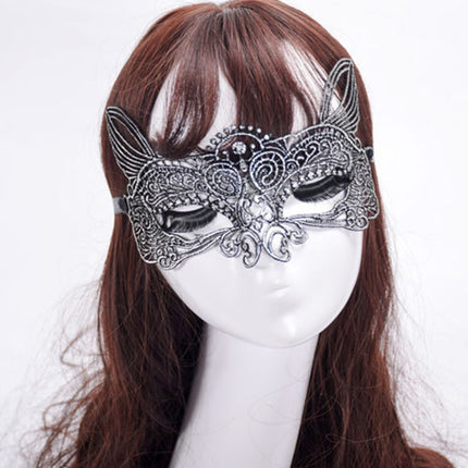 Halloween Masquerade Party Dance Sexy Lady Bronzing Lace Cat King Mask(Silver)-garmade.com