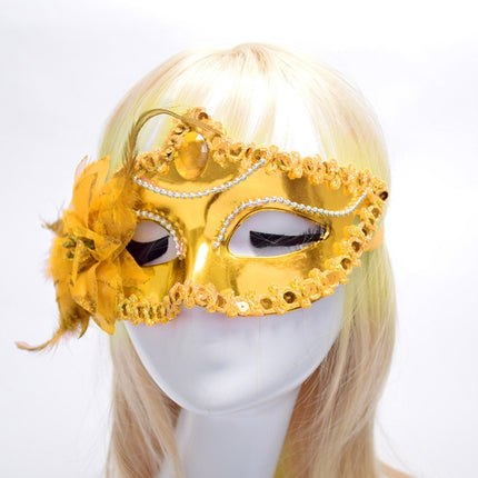 Halloween Masquerade Party Dance Plating Side Flower Feather Venice Princess Mask (Gold)-garmade.com