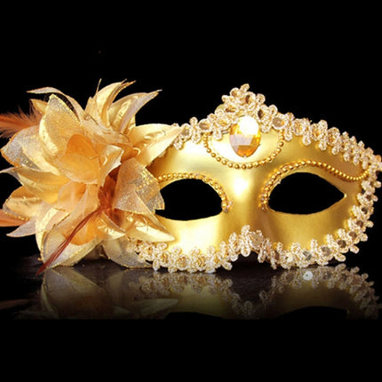Halloween Masquerade Party Dance Plating Side Flower Feather Venice Princess Mask (Gold)-garmade.com