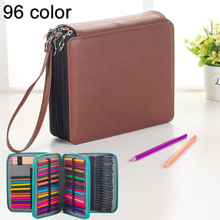 96 Slots Colored Pencil Case PU Leather Drawing Sketch Watercolor Pencils Holder Organizer with Hand Strap (Brown)-garmade.com