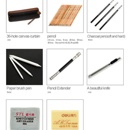 Beginner Sketching Tools (18 PCS Sketching Pencils + Charcoal Pencil + Erasers + Pen Curtain + Art Knife) Sketching Set(Black)-garmade.com