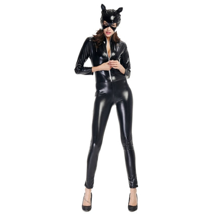 Halloween Costume Patent Leather Cat Girl Neutral Sexy Motorcycle Clothing Stage Performance Cosplay Clothing, Size:M, Bust: 80-85cm, Waistline:66-72cm, Clothes Long:138cm-garmade.com