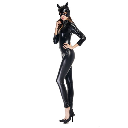 Halloween Costume Patent Leather Cat Girl Neutral Sexy Motorcycle Clothing Stage Performance Cosplay Clothing, Size:M, Bust: 80-85cm, Waistline:66-72cm, Clothes Long:138cm-garmade.com