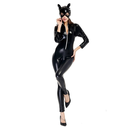 Halloween Costume Patent Leather Cat Girl Neutral Sexy Motorcycle Clothing Stage Performance Cosplay Clothing, Size:L, Bust: 85-90cm, Waistline:72-76cm, Clothes Long:140cm-garmade.com