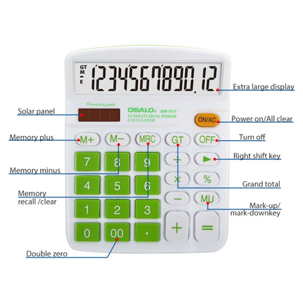 OSALO OS-837VC 12 Digits Colorful Desktop Calculator Solar Energy Dual Power Calculator(Green)-garmade.com