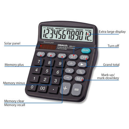 OSALO OS-837 12 Digits Desktop Calculator Solar Energy Dual Power Calculator-garmade.com