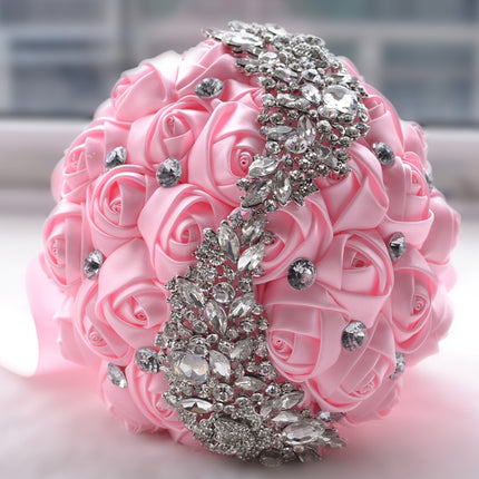 Wedding Holding Flowers Bridal Bouquet Accessories Bridesmaid Rhinestone Party Wedding Decoration Supplies(Pink)-garmade.com