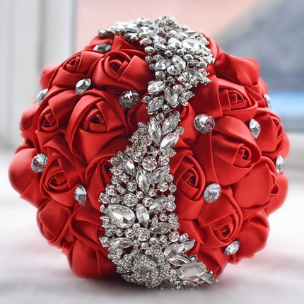 Wedding Holding Flowers Bridal Bouquet Accessories Bridesmaid Rhinestone Party Wedding Decoration Supplies(Red)-garmade.com